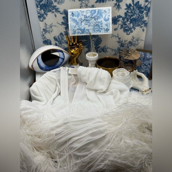 🆕 BRONX & BANCO 🧿 NWOT Geisha Blanc Feather-Trim Maxi Dress, White - Sz S US 4 - Picture 11 of 14